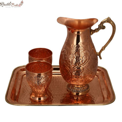 Designer Carving Jug N Chetai Glass Set With Brass Tray