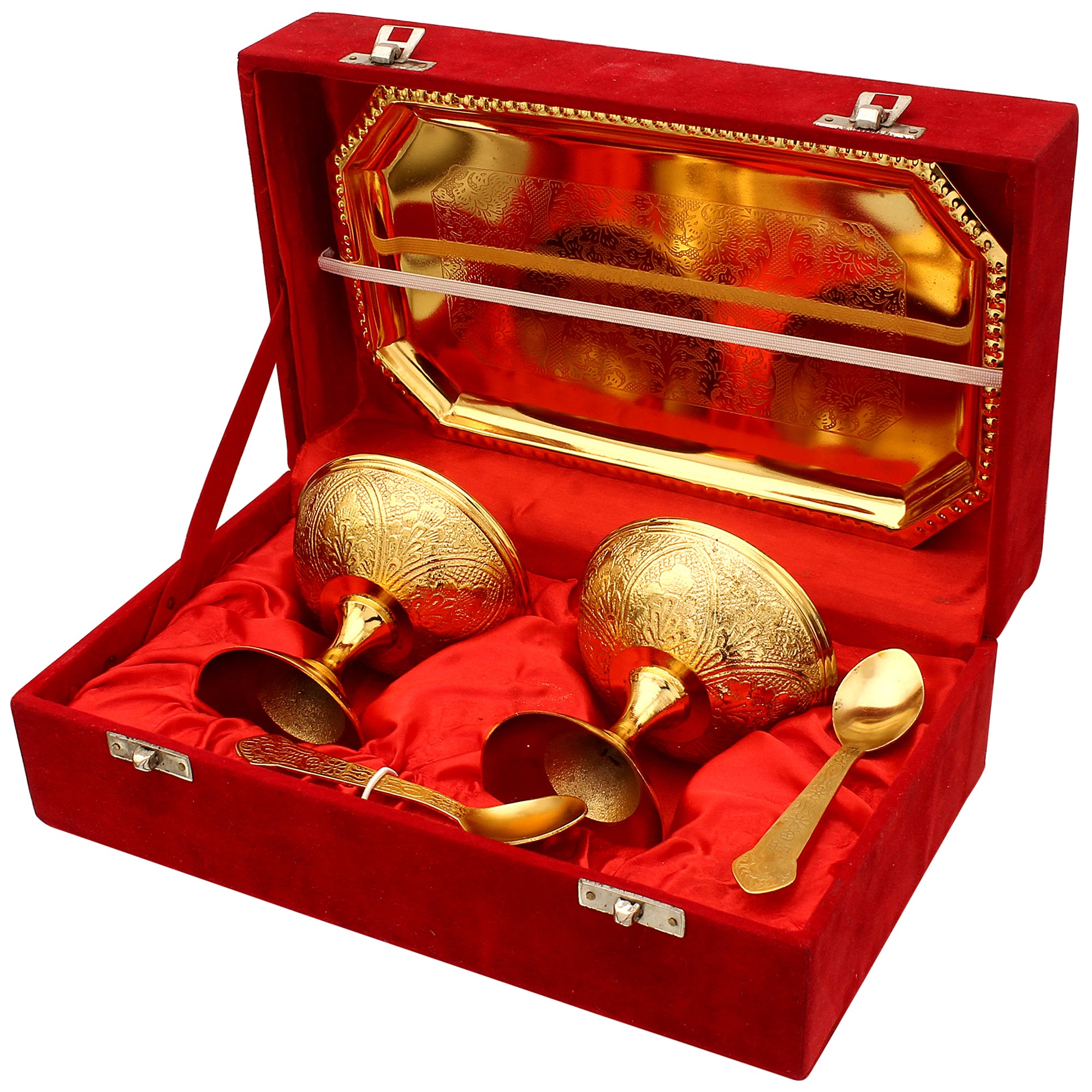 Golden Color Brass Designer Ice Cream/Dessert Bowl Set with Tray