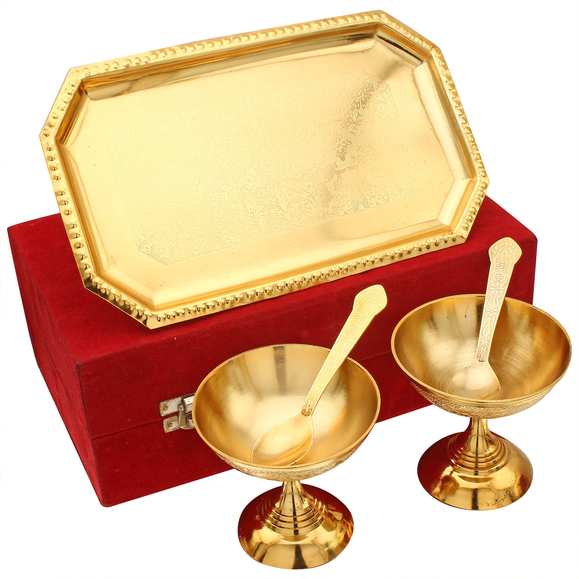 Golden Color Brass Designer Ice Cream/Dessert Bowl Set with Tray