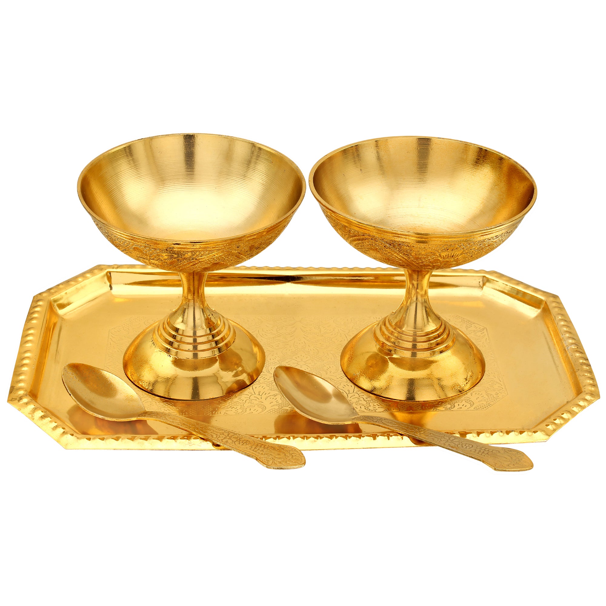 Golden Color Brass Designer Ice Cream/Dessert Bowl Set with Tray