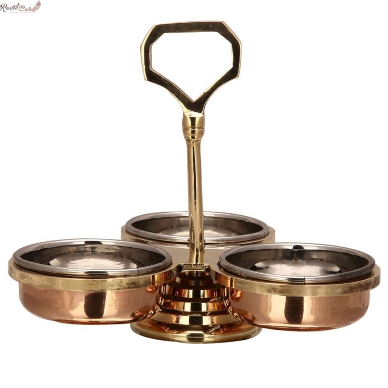 3 Compartment Copper Steel Pickle Set With Brass Stand