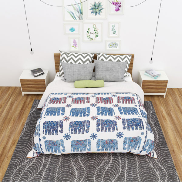 Canvas Cotton Bed Spread/Cover with Natural Colours Patchwork Elephant Pattern