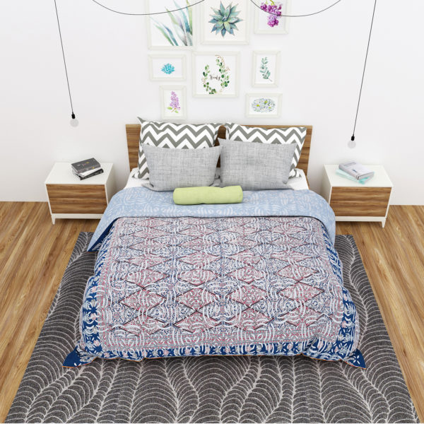 Traditional Ajrakh Print Multi Color Cotton Applique Bed Cover