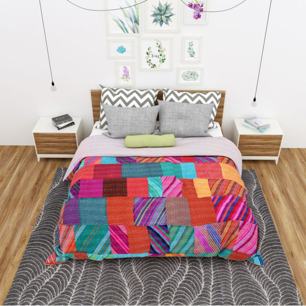 Multicolored Recycled Sari Patchwork Reversible Quilt, Bedspread